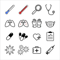 Set of medical icons vector. Set with thermometer, magnifying, lungs, gloves, mask, pills, heart, clipboard, virus, suitcase and syringe.
