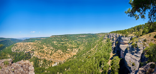 Large format panoramic view of Las Majadas viewpoint. Landscape with great cliff in Cuenca. Spain