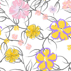 Pink Flowers Blooming Pattern. Pastel Watercolor.
