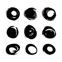 vector set of black round brush strokes, isolated on white background
