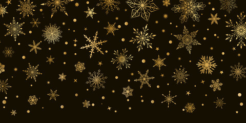 Christmas background with various complex big and small snowflakes, yellow on black