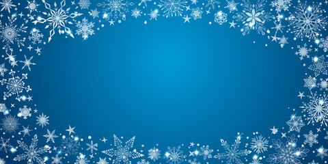Fototapeta na wymiar Christmas background with various complex big and small snowflakes, white on light blue, arranged in a ellipse