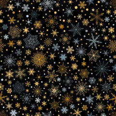 Christmas seamless pattern with various complex big and small snowflakes, gray and yellow on black background