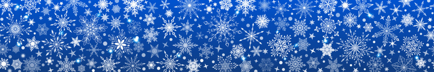 Fototapeta na wymiar Christmas banner of various complex big and small snowflakes with horizontal seamless repetition, white on blue background