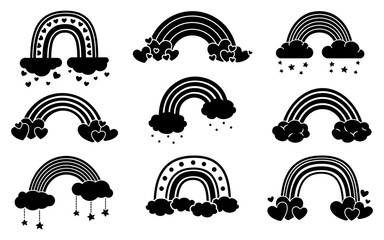Rainbow monochrome black set, flat cartoon style. Rainbows with clouds, abstract hand drawn collection. Glyph nature weather elements. For poster, print, card or books. Isolated vector illustration