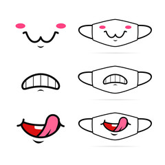 Funny cartoon mouth smile expression face mask design illustration set
