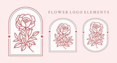 Fototapeta na wymiar Hand drawn vintage feminine beauty logo element collection with rose, flower, leaf, branch, and frame. Vector illustration for icon, logo, sticker, printable, and tattoo