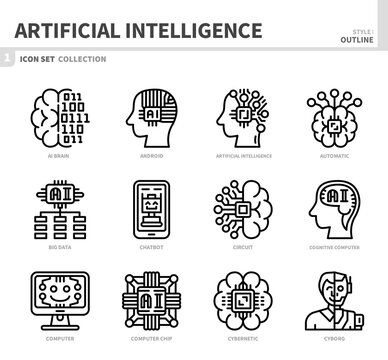 artificial intelligence icon set,outline style,vector and illustration