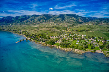 Aerial View of Fish Haven, Idaho on the shore of Bear Lake