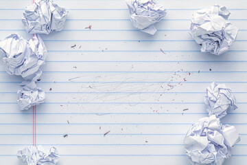 School supplies of blank lined notebook paper with eraser marks and erased pencil writing, surrounded by more trashed balled up paper. Studying or writing mistakes concept. - obrazy, fototapety, plakaty
