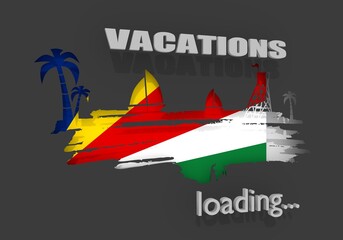 Tropical beach. Silhouettes of the palm, boat and lifeguard tower. 3D rendering. Flag of the Seychelles. Progress or loading bar.
