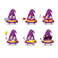 Wizard hat cartoon character with various types of business emoticons