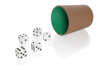 Dice and dice cup isolated on white background. 3d illustration.