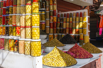 Olives and other bottles produce for sale