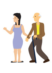 Pleasant caring woman helping an old man walking. Concept of a caring society.