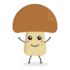 Cute flat cartoon mushroom illustration. Vector illustration of cute mushroom with a smiling expression.