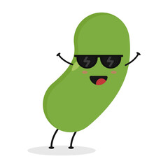 Cute flat cartoon green bean illustration. Vector illustration of cute bean with a smiling expression.