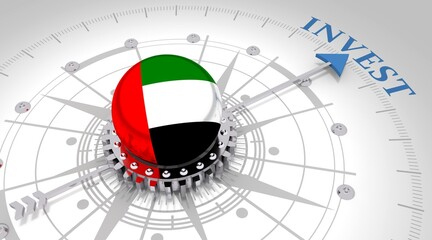 Business concept. Abstract compass points to the invest word. Flag of the United Arab Emirates. 3D rendering