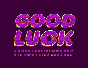 Vector luxury card Good Luck. Violet and Gold 3D Font. Textured chic Alphabet Letters and Numbers