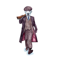 Watercolor illustration of a funny dog. Hand made character. Cartoon style illustration. Gangster
