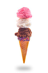 An Ice Cream Cone with Strawberry Vanilla and Chocolate in a Pointed Sugar Cone Floating in the Air