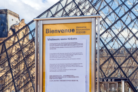 Paris, France - March 15 2020: Musee du Louvre closed in order to stop the spread of Coronavirus epidemic.