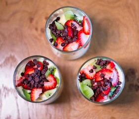 Parfait dessert with yogurt, strawberry, kiwi, granola and chocolate chips