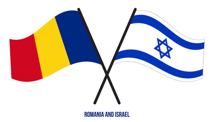 Romania and Israel Flags Crossed And Waving Flat Style. Official Proportion. Correct Colors.