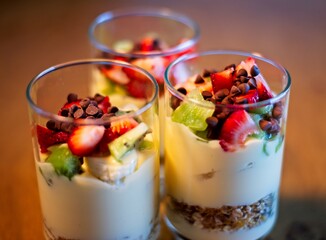 Parfait dessert with Yogurt, strawberry, cereal, and chocolate chips