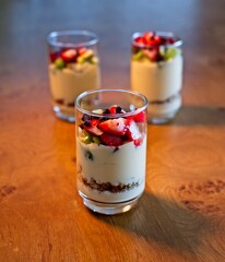 Parfait dessert with Yogurt, strawberry, cereal, kiwi and chocolate chips