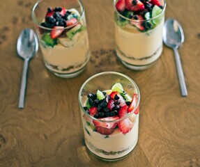 Parfait dessert with Yogurt, strawberry, granola, kiwi and chocolate chips