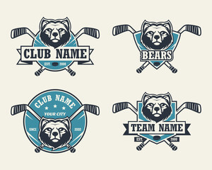 Naklejka premium Bear head sport logo. Set of hockey emblems, badges, logos and labels. Design element for company logo, label, emblem, apparel or other merchandise. Scalable and editable Vector illustration.