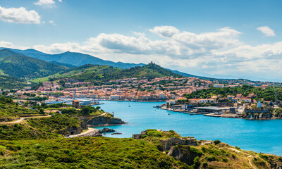 Panorama of Port-Vendres on a summer day, in the Pyrénées-Orientales in Catalonia, in the Occitanie region, France