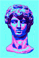 A Classical Bust Rendered in Bright Colors in the Vaporwave Style.