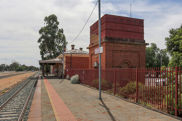 ELMORE, AUSTRALIA - February 29, 2020: The Elmore railway station and water tower (1870) were constructed for the Victorian Railways on the Melbourne-Echuca line