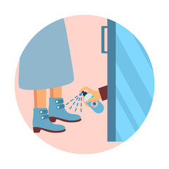 Hand holding disinfecting alcohol bottle spraying to clean shoe from Covid-19 coronavirus and bacteria when at front door. Healthcare concept vector illustration on white background.
