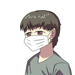 風邪ウイルス対策に白マスクを装着した中性的な黒髪ショートヘアの人物