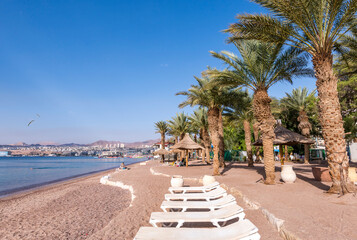 Fototapeta premium Morning at sandy beach of the Red Sea in Eilat, Israel