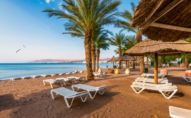 Morning at sandy beach of the Red Sea in Eilat, Israel