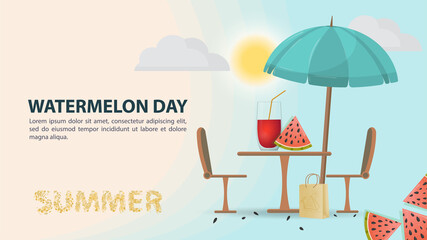 A glass of watermelon juice with a cut slice stands on a table under an umbrella from the sun the inscription event with space for text for the design of business cards backgrounds and websites