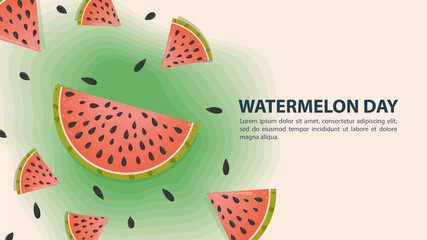 cut slices of watermelon berries with seeds in a chaotic order on a green spot the inscription event with a place for text for the design of business cards backgrounds and websites