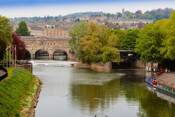 Pulteney Bridge over the River Avon in Bath, Somerset, England;
