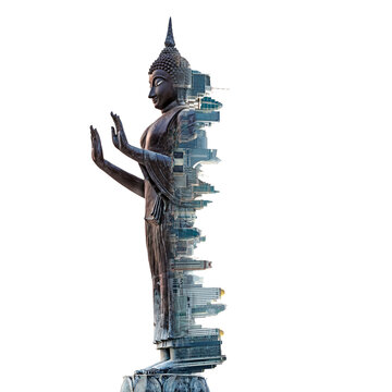 Double exposure of the Buddha and the city.