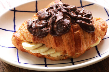 Croissant sandwich with banana and chocolate cream