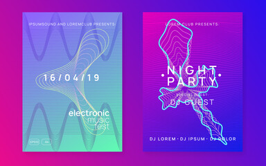 Neon edm flyer. Electro trance music. Techno dj party. Electronic sound event. Club dance poster.