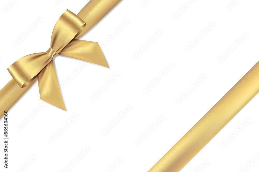 Poster golden bow realistic shiny satin and ribbon place on corner of paper with shadow vector eps10 isolat