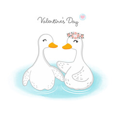 Valentines day greeting card.
Cute couple goose hand drawn cartoon animal character.
