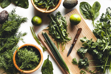 Green vegetables and fruits, avocado, lime, cabbage, parsley, cucumber, dill, onion ,salad, spinach