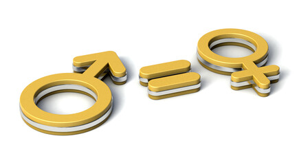 Male and female Equality Concept. Gender gold symbols with equal sign. 3d Illustration.