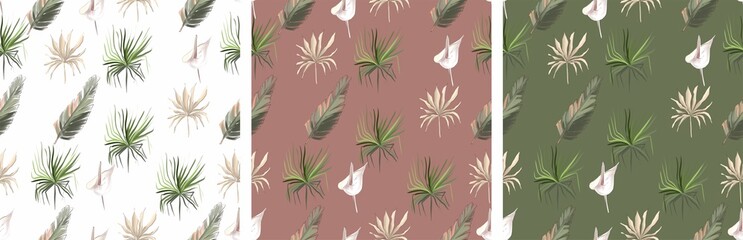 Flowers pattern of tropical leaves. Monstera. Orchid. palm. Cactuses. White green Burgundy beige